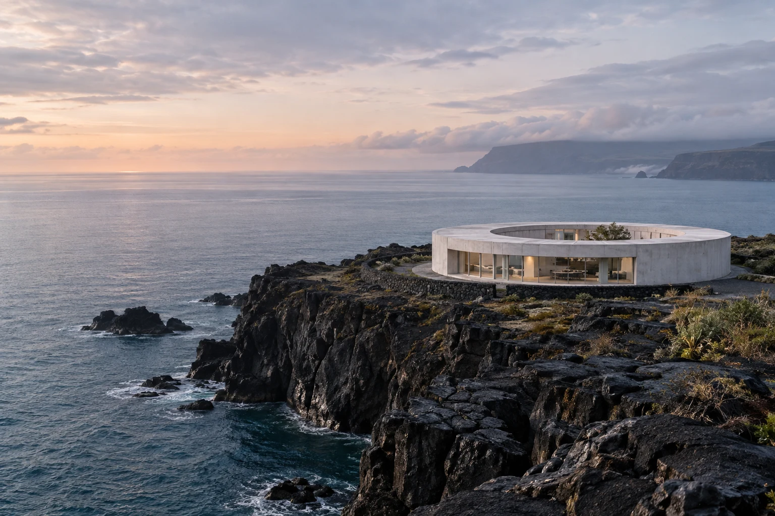 AI-generated circular observatory on a volcanic coast at dawn